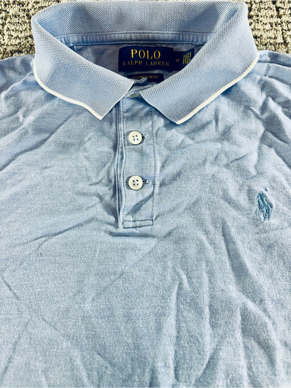 Polo Ralph Lauren Men’s Size Medium Light Blue-White Custom Slim Fit Polo Shirt